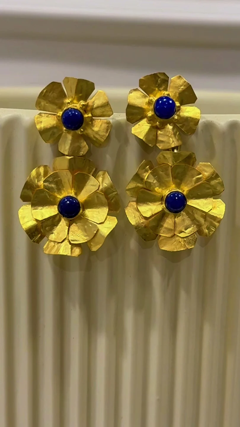Bloom Gold-Plated Silver Flower Drop Earrings with Lapis Lazuli
