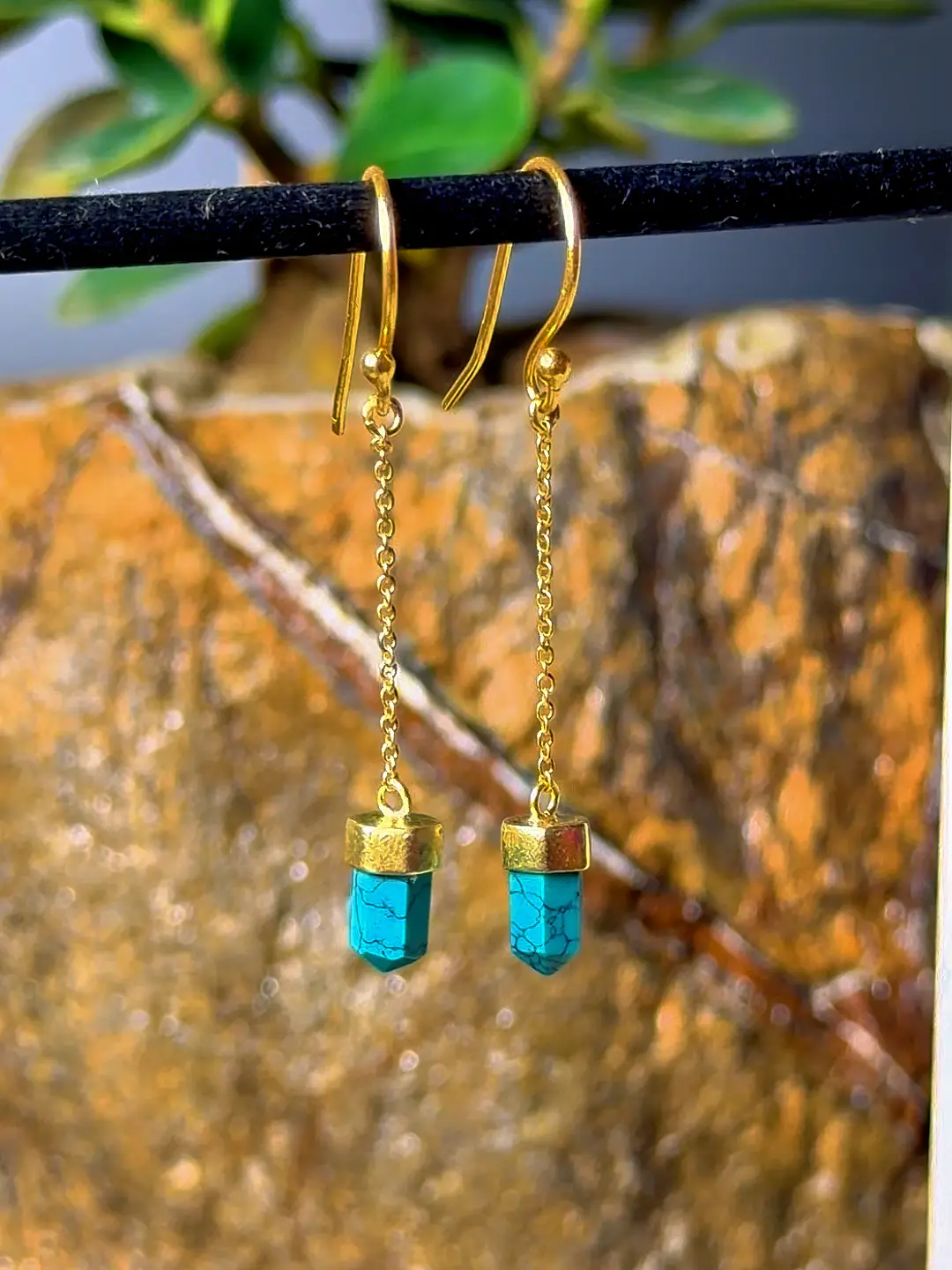 Boond gold chain drop earrings with turquoise points, full length