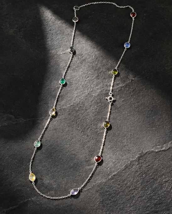 Buntee Silver Multi-Gemstone Station Necklace