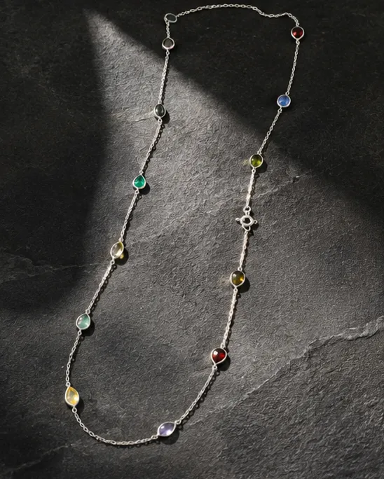Buntee Silver Multi-Gemstone Station Necklace