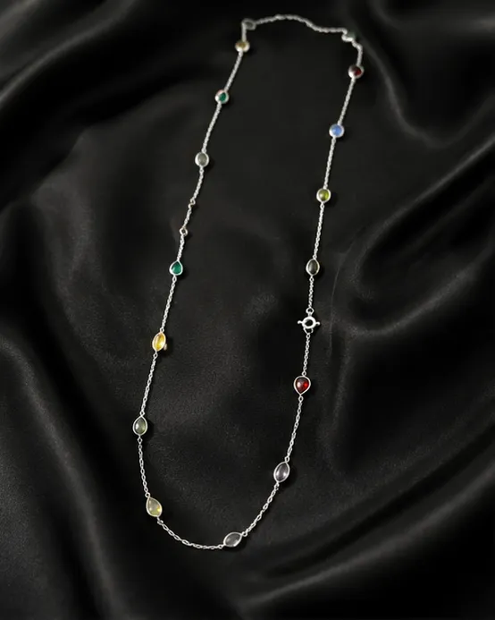Buntee Silver Multi-Gemstone Station Necklace
