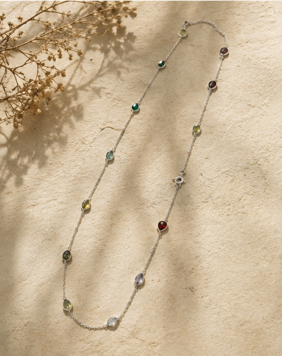 Buntee Silver Multi-Gemstone Station Necklace