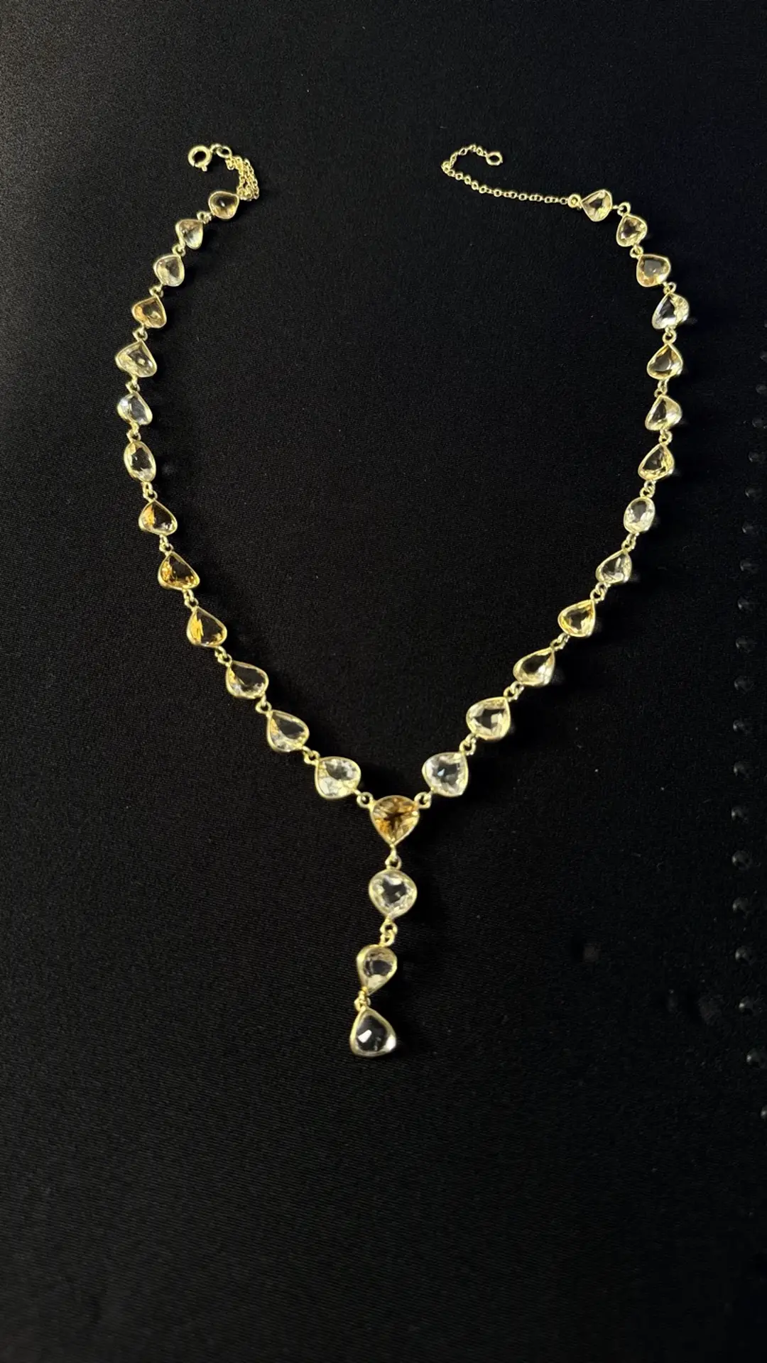 Close view of the Dhoop citrine and clear quartz hearts
