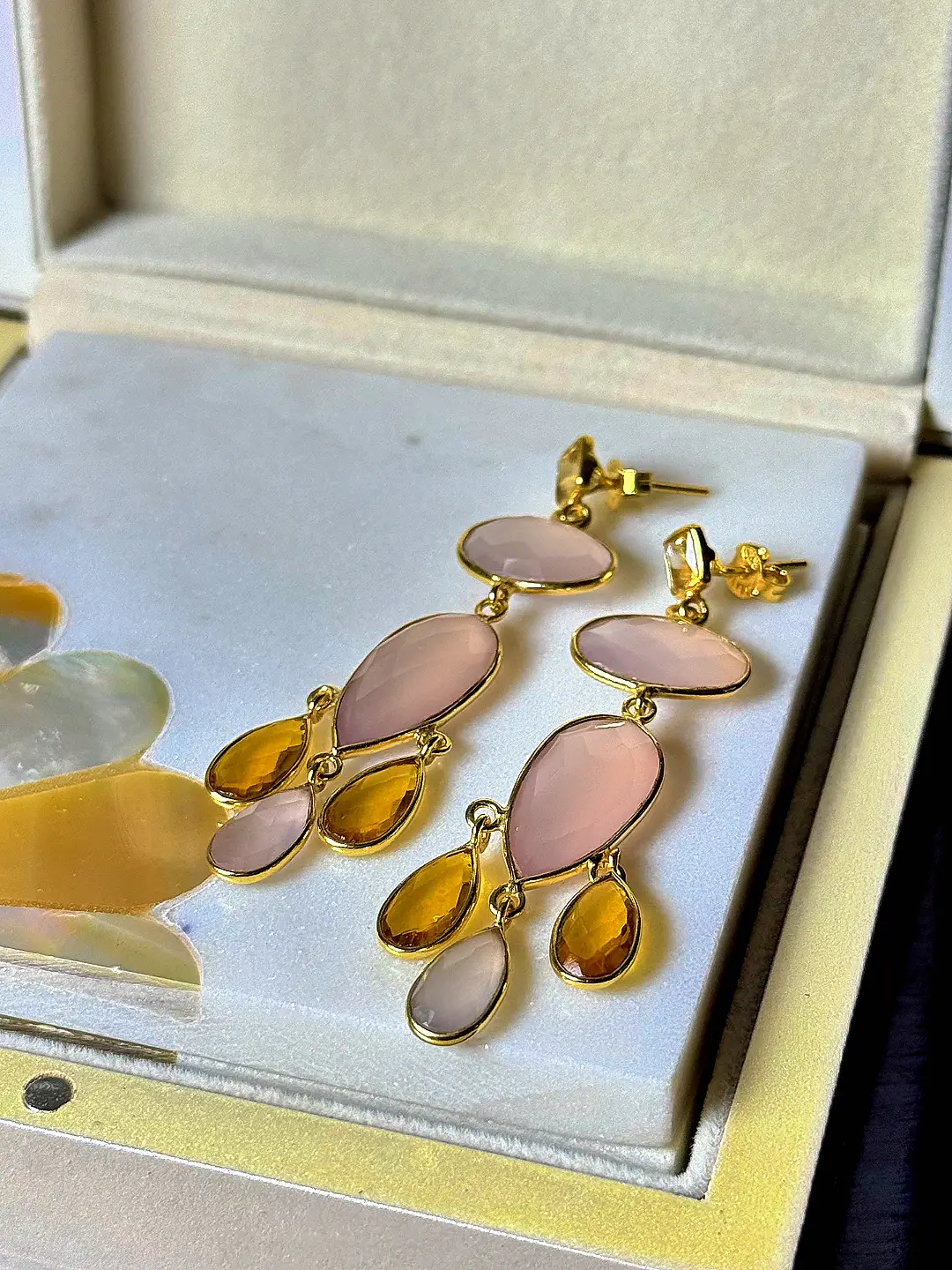 Jhumar chandelier earrings showing the gold push-back stud fittings