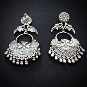 Peacock with Group of Bells Silver Earrings 2